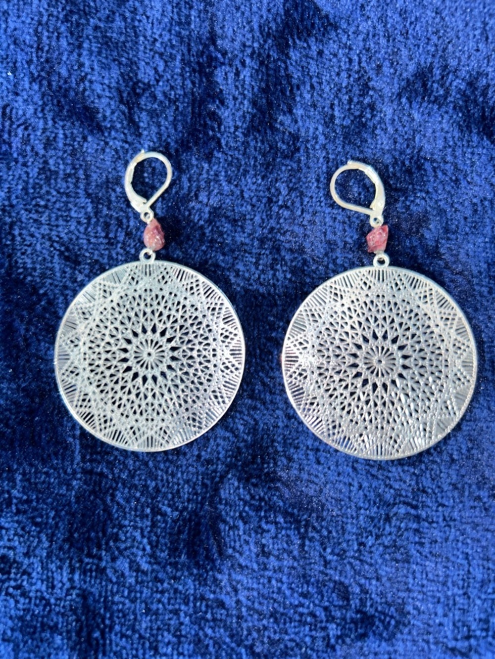 Silver Mandala Laser Cut Pierced Earrings with light purple stone beads.